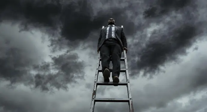 A lone, middle-aged African American businessman is shown on a rigid, gray ladder, looking upward into a dark, cloudy sky. His expression and body language should convey a sense of struggle, isolation, and limited perspective, emphasizing the burnout and lack of purpose of the old leadership model.
