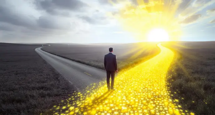 A professional person standing at a crossroads. One path is a traditional, gray corporate road; the other is a vibrant, glowing path leading to a bright, purpose-driven horizon. The image should represent a pivotal choice and a new direction.