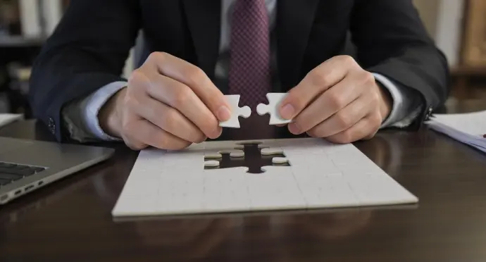 (The Mismatched Puzzle): A professional is sitting at a desk with a half-completed puzzle. They are holding the final piece, but it is clearly the wrong shape and it doesn't fit. The feeling is one of frustration and a profound sense of "This isn't right."