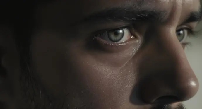 A close-up, high-contrast shot of a MIDDLE-AGE LATINO professional's face, with a single teardrop  tracing a path down their cheek. Their expression is a mixture of determination and profound stress. The focal point is the eye and the singular digital element, creating an intense emotional connection even at a small size.