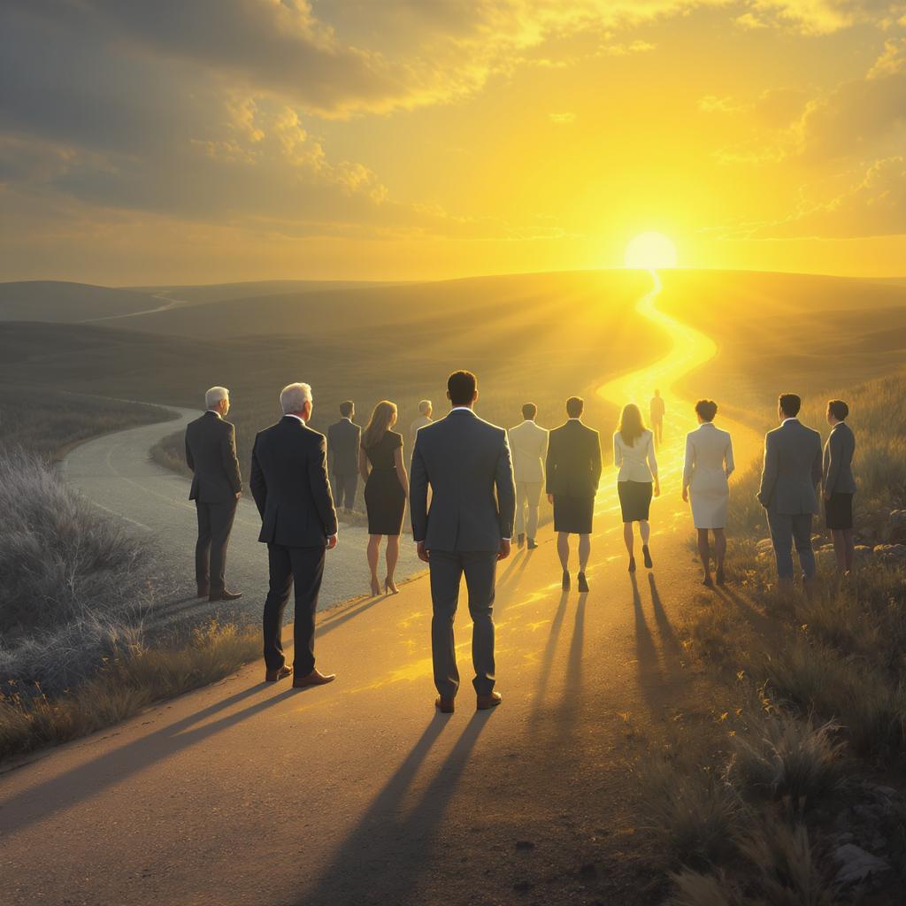 A high-quality, digital illustration in a 1:1 aspect ratio, featuring a diverse and inclusive group of successful professionals, including a middle-aged and white businessmen, led by a middle-aged, sea-level executive, African-American businessman. The group stands at a crossroads, with one path being a traditional, gray corporate road and the other a vibrant, glowing pathway leading to a purpose-driven horizon. The glowing pathway is illuminated with bright golden and yellow hues, casting a warm light on the group. The image should be professional and contemporary.