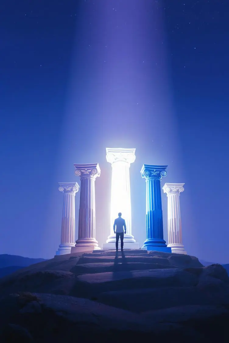 A solitary figure stands confidently on a foundation composed of five glowing, symbolic pillars. Each pillar is subtly distinct in color and texture, representing the five pillars of leadership. Light from the pillars radiates upwards, illuminating the figure and casting a purposeful shadow. The background is a calm, deep blue or purple gradient, suggesting a clear sky above a challenging landscape.