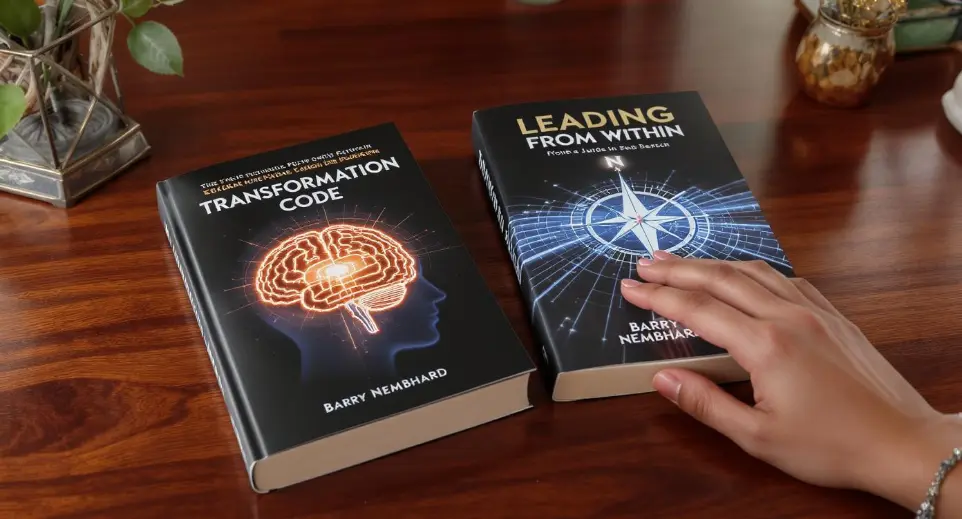 A set of two sleek, modern book covers on a polished wooden desk. One book has a glowing, abstract brain icon on the cover, "Transformation Code" as the book cover.. while the other features a digital compass with a clear path. "Leading From Within" is the name of the book.A mixed-race female person's hand is reaching out to touch one of the books, suggesting a personal journey is about to begin. the book's author is "Barry Nembhard"