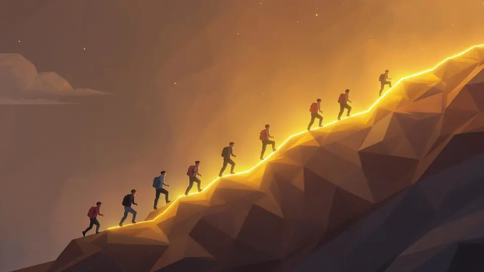 A stylized, low-poly graphic of several people climbing a winding path on a mountain. They are all connected by a single, thin, glowing line of light. The atmosphere is encouraging and collaborative.