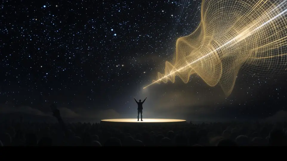 A powerful, cinematic 16x9 image. A person is standing on a small, illuminated platform, as if on a stage, but instead of a crowd, a vast, starry expanse or a network of glowing lines extends from them. The visual metaphor is that their voice, represented by a faint soundwave, is amplified and reaching a new, limitless audience. The tone is inspiring and aspirational, making the thumbnail immediately clear about the benefit of amplified authority.