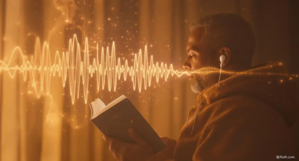 A 16x9 digital art image with a warm, inviting color palette. The image shows a single person holding a book close to them, but a glowing, ethereal soundwave extends from the book and gently wraps around a person in the distance who is wearing earbuds. The focus is on the intimate, direct connection being made across space, symbolizing the power of audio to forge personal bonds.
