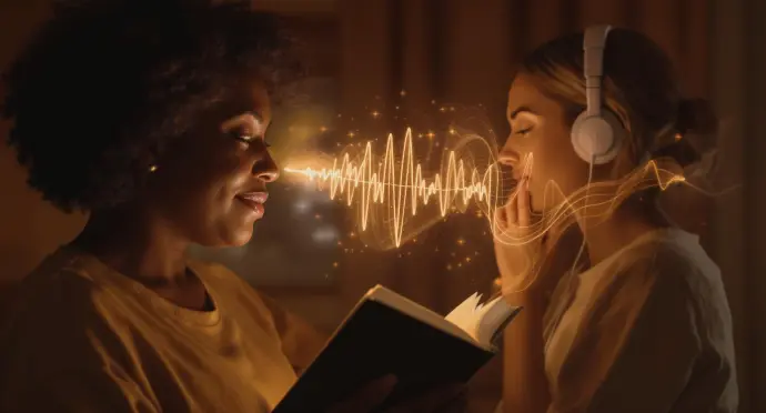 A 16x9 image with a warm, inviting color palette. The image shows a attractive middle-aged african-american woman holding a book close to them, but a glowing, ethereal soundwave extends from the book and gently wraps around a person in the distance who is wearing earbuds. The focus is on the intimate, direct connection being made across space, symbolizing the power of audio to forge personal bonds.