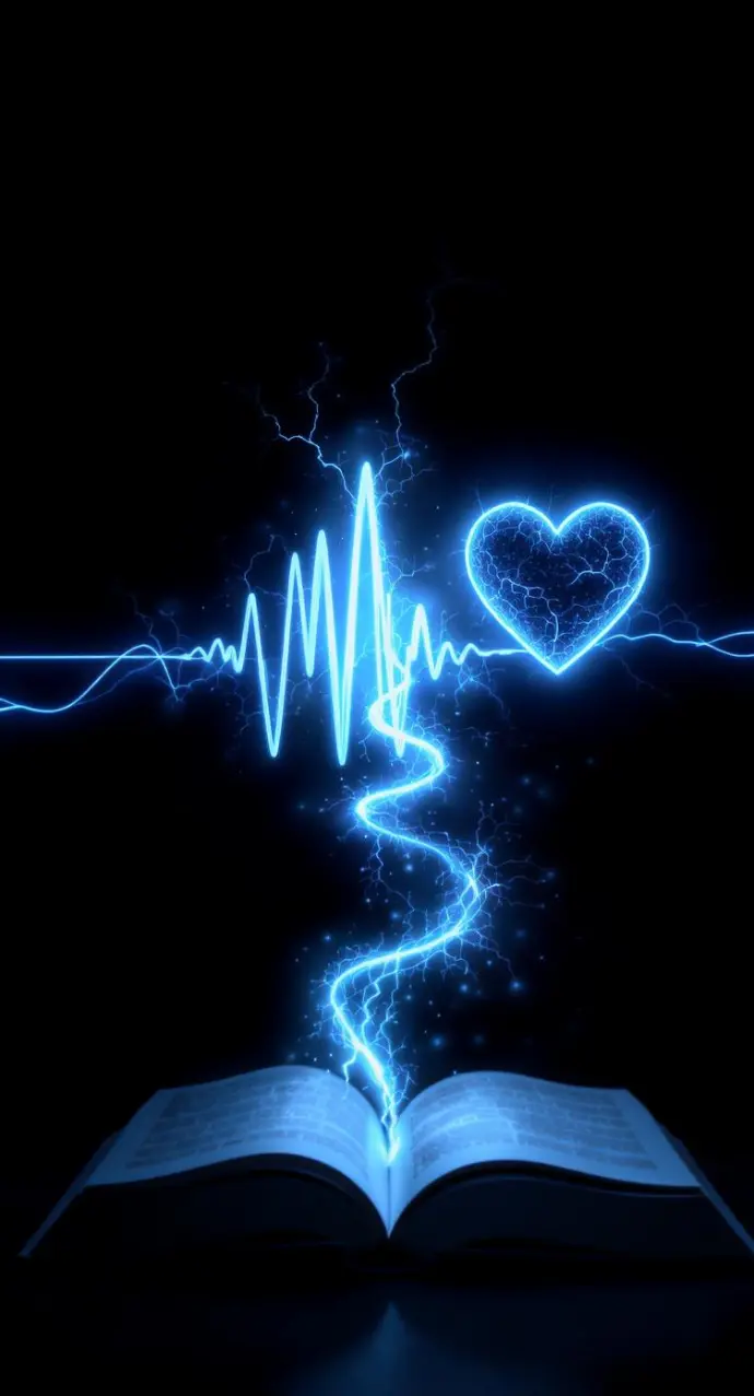 A dynamic 9x16 digital art thumbnail with a clean, high-contrast style. A glowing, electric-blue soundwave streams from an open book, twisting and flowing towards a stylized, ethereal human heart icon. The path of the soundwave is the focus, symbolizing the direct emotional connection. The background is a clean, dark gradient to make the symbols pop.