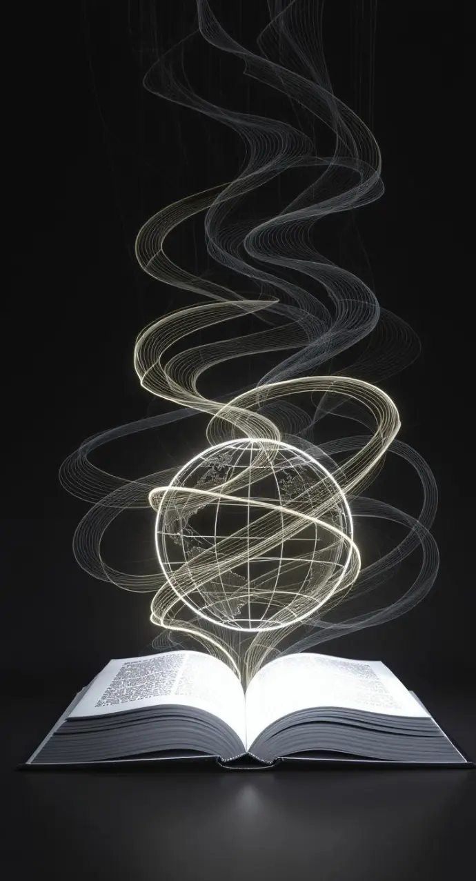 A minimalist 9x16 high-contrast thumbnail. An open book is in the center, with glowing soundwaves effortlessly flowing outward from its pages. These waves wrap around a simplified, glowing representation of the globe. The focus is on the clean, expansive movement of the soundwaves, representing the pervasive influence and lack of friction.