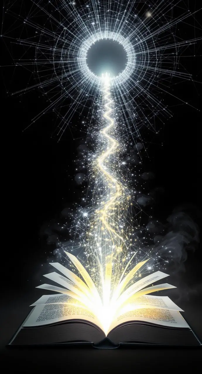 A visually striking 9x16 digital art thumbnail. A hardcover book rests at the bottom, and from its pages, a glowing, interconnected network of lines and nodes extends upward, creating a stylized bridge. This bridge leads to a diverse circle of people at the top, representing a community. The focus is on the path from the singular book to the collective, signifying a movement.