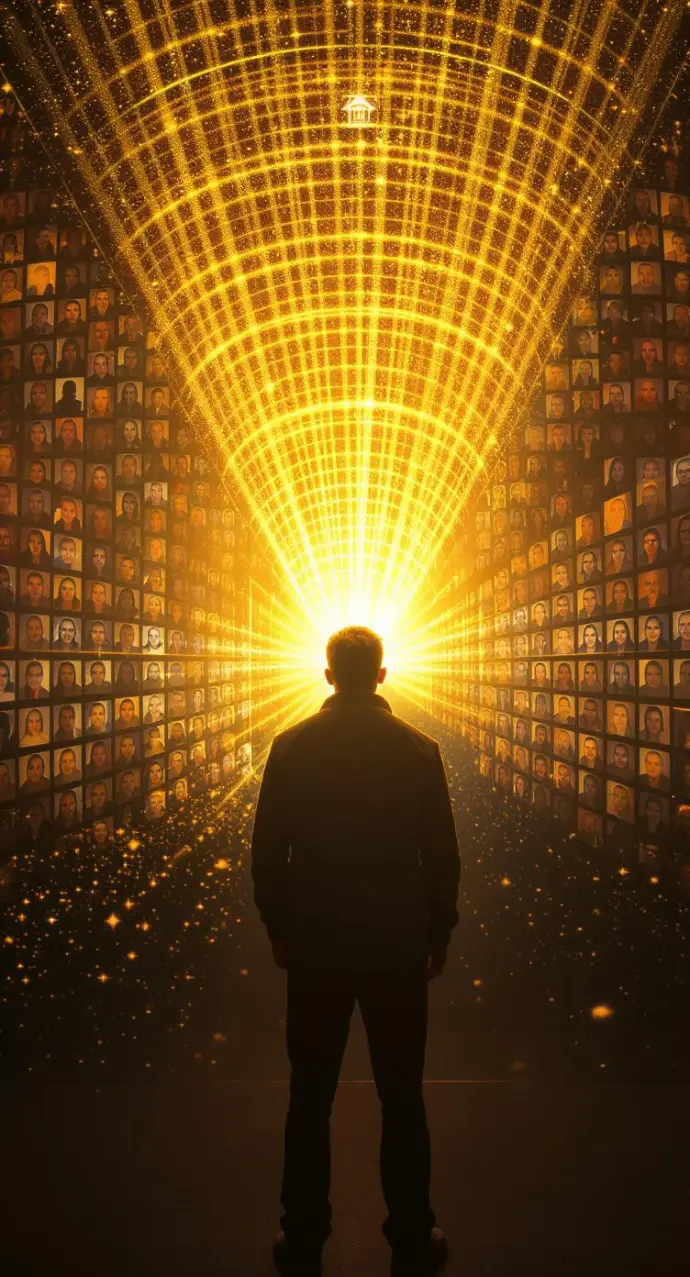 A powerful 9x16 cinematic thumbnail with an inspiring tone. A diverse person stands in the center, speaking. A brilliant golden soundwave, emanating from them, expands outward to encompass a grid of small, illuminated portraits of different people listening with headphones. The central figure is in sharp focus, with the radiating soundwave symbolizing the amplification of their unique voice.
