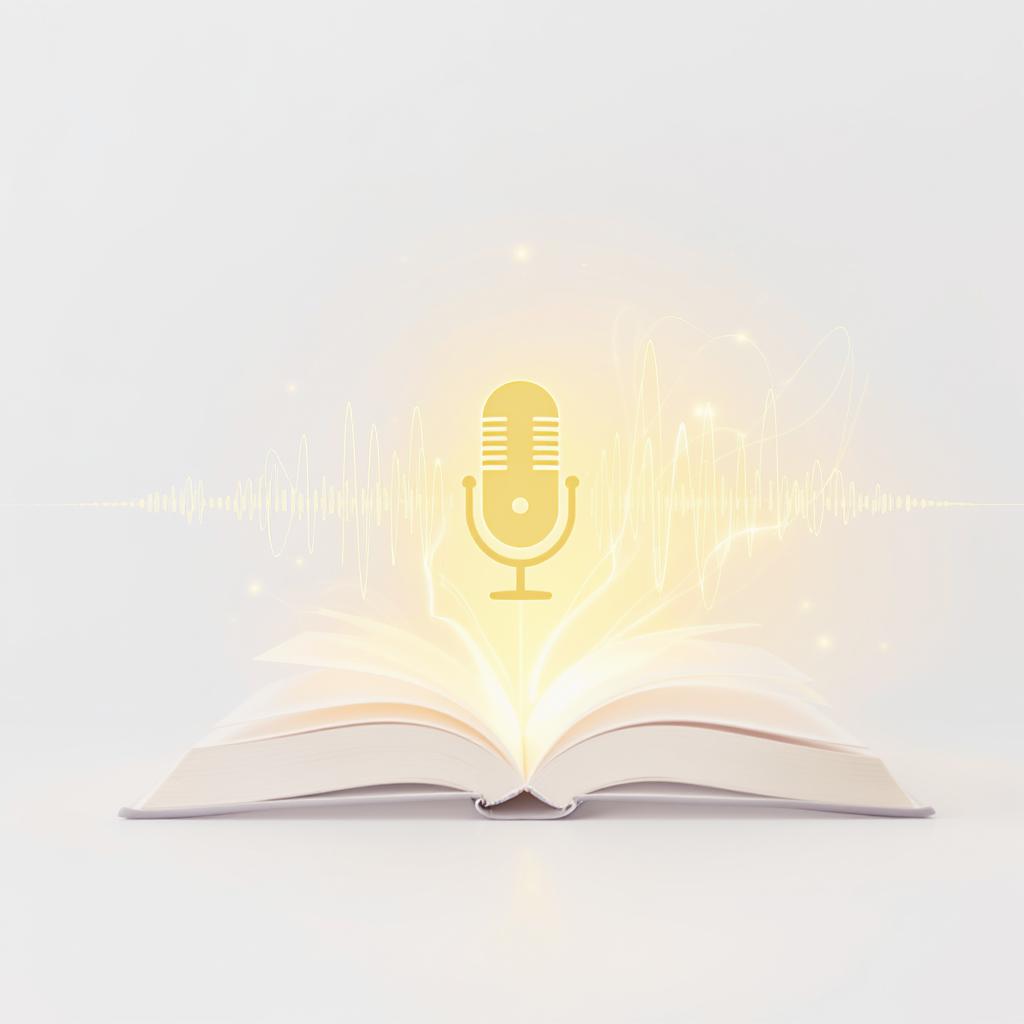 A minimalist, 1x1 image on a clean white background. An open book with glowing, golden soundwaves gracefully emanating from its pages. The soundwaves flow across the frame, transforming into the stylized silhouette of a modern podcast microphone. The style should be ethereal and semi-transparent.