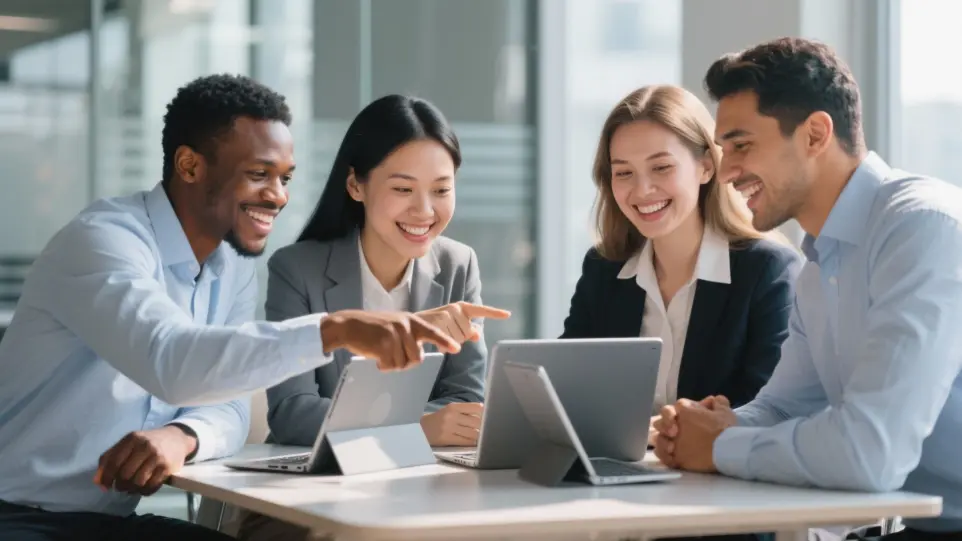 Image Prompt: A high-resolution, hyper-realistic photograph capturing a diverse group of four business professionals happily engaged in e-learning courseware. The group includes an African-American man, an Asian woman, a Caucasian woman, and a Hispanic man. They are gathered around a table in a modern, sunlit business setting, with laptops or tablets open. They are smiling, pointing at the screen, and sharing a moment of joyful collaboration. The composition is a close-up that conveys a sense of active participation and shared learning, emphasizing their genuine connection.