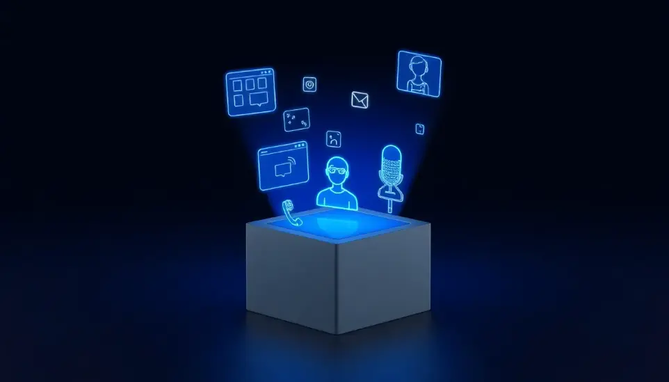 A single, sleek, stylized monolithic box centered in the frame. Holographic, glowing blueprints and projections of diverse digital products (e-learning course window, avatar wireframe, podcast mic) emerge from the top. The scene is minimalist and high-tech. Deep indigo and dark gray base, primary light source is vibrant cyan. 16:9 aspect ratio, 3D render, minimalist design.