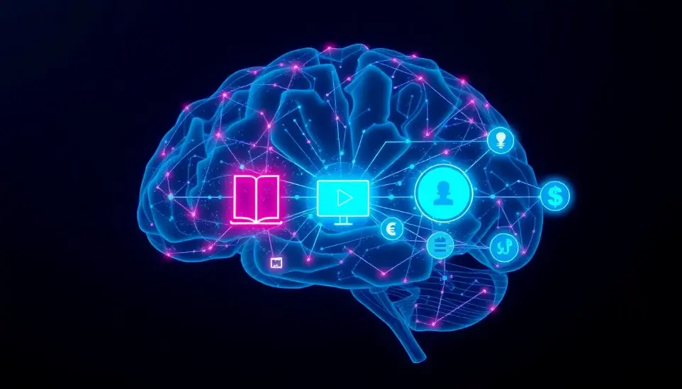 An abstract digital brain fragment overlaid with glowing data nodes, visibly morphing into a complex structure of connected media icons (a book, a play button, a currency symbol). The transformation is smooth and linear. Clean cinematic lighting, deep indigo backdrop, vibrant cyan glow lines, 16:9 aspect ratio, digital painting, high resolution.