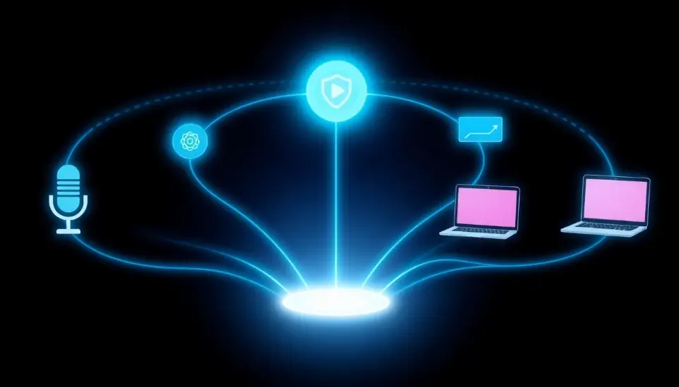 A central glowing hub (representing the e-commerce platform) acts as a source, emitting multiple distinct, light-speed streams of energy. These streams flow outwards, each culminating in a different floating media icon: a microphone for podcast, a phone screen displaying a video reel, and a laptop screen for a video guide. The streams are vibrant cyan against a deep indigo background, suggesting global reach and connectivity. 16:9 aspect ratio, digital concept art, subtle glow effect, high resolution.