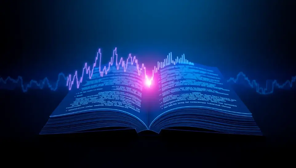 A dynamic visual blend where a subtle, intricate **audio waveform** (representing the human voice) merges seamlessly into lines of complex, glowing code that form a finished, open book. The background suggests depth and intelligence. Focus on the merging point. Deep indigo base color, all highlights and glow effects in vibrant cyan. 16:9 aspect ratio, digital concept art.